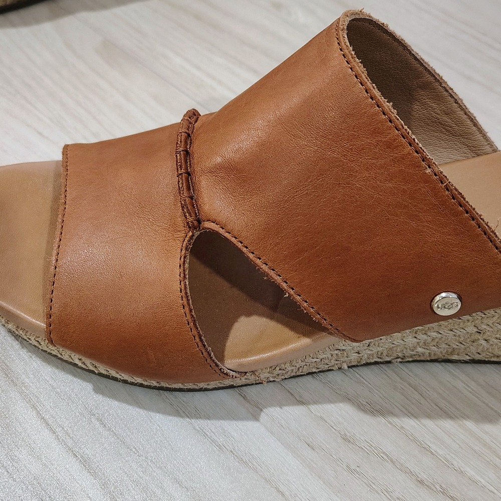 UGG Eirene Espadrille Wedge Sandals Women 10 Brown Leather Jute Boho Chic Resort - Picture 7 of 8